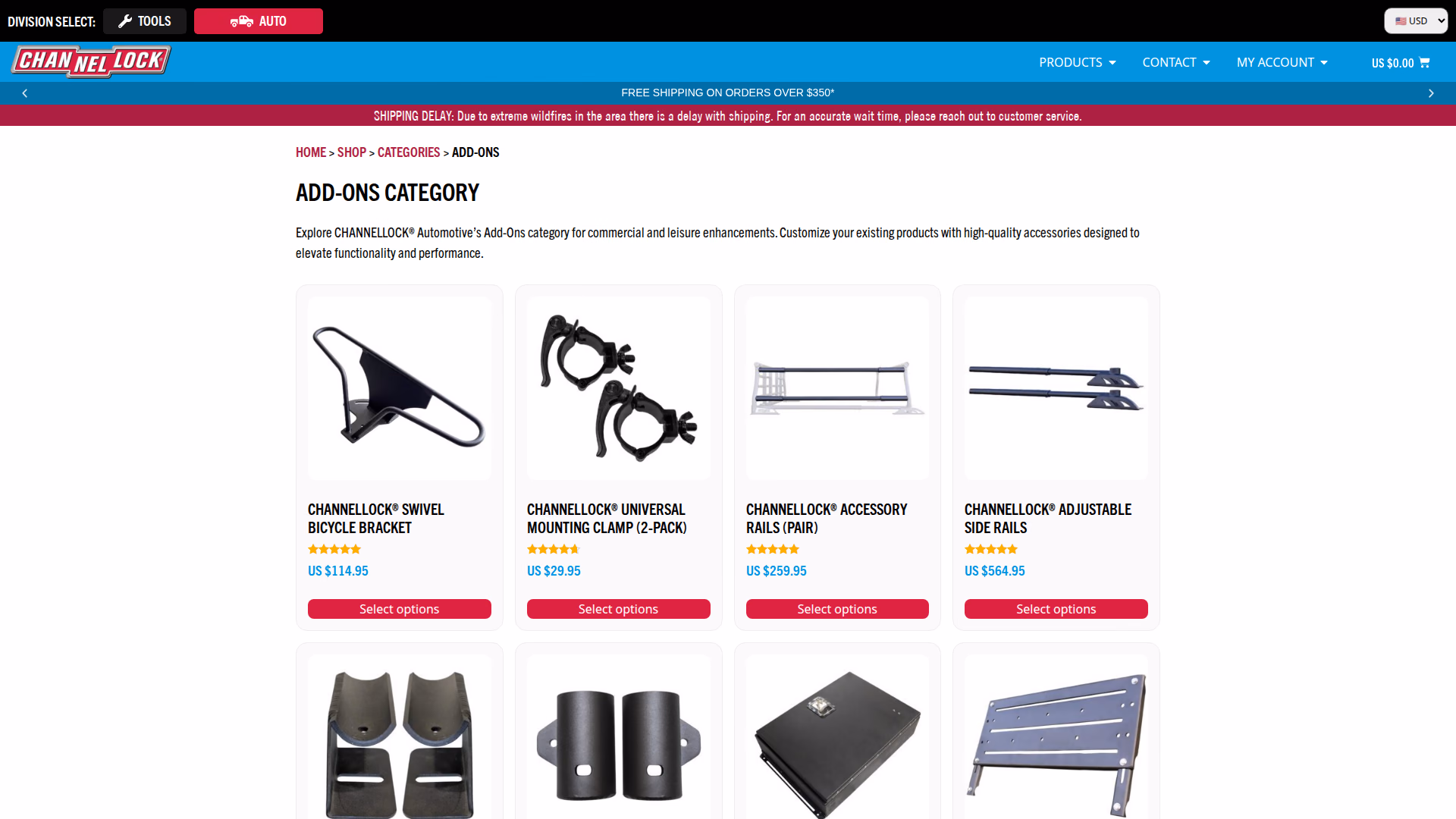 CHANNELLOCK® Automotive product category add ons page (desktop)